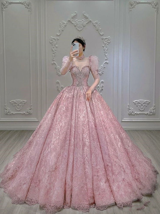 Pretty Ball Gown Sweetheart Tulle Pink Beaded Long Quinceanera Dress Formal Short Sleeves Flowers Vestido De 15 Anos Sweet 16 Dress W0297