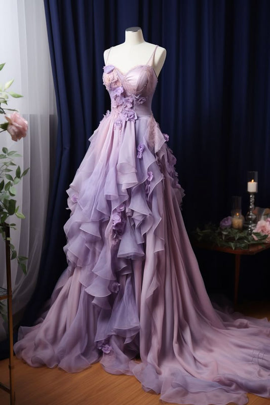 Pretty Ball Gown Sweetheart Tulle Lilac Flowers Long Quinceanera Dress Formal Flowers Vestido De 15 Anos Sweet 16 Dress W0300
