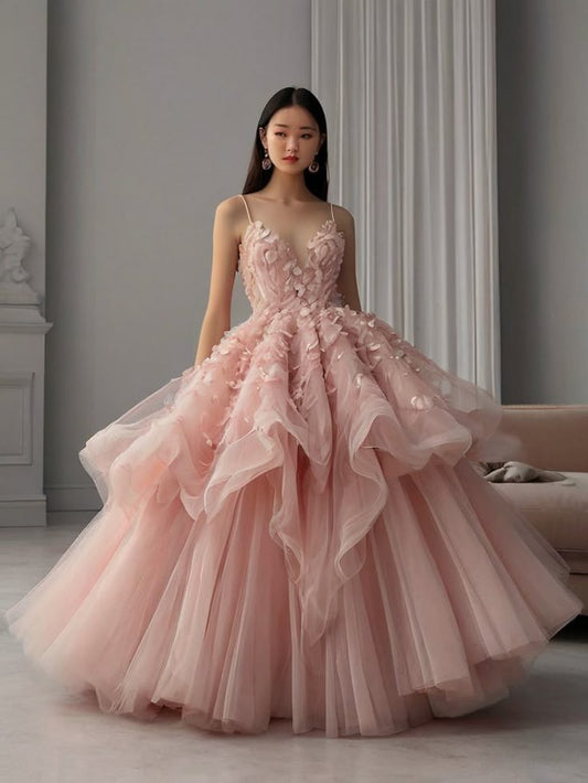 Unique Ball Gown Spaghetti Straps Pink Flowers Long Quinceanera Dresses Sweet 16 Dress Formal Vestido De 15 Anos W0301