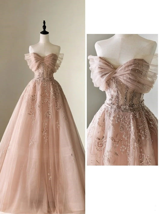 Pretty Ball Gown Off The Shoulder Pink Tulle Long Quinceanera Dress Formal Flowers Vestido De 15 Anos Sweet 16 Dress W0303