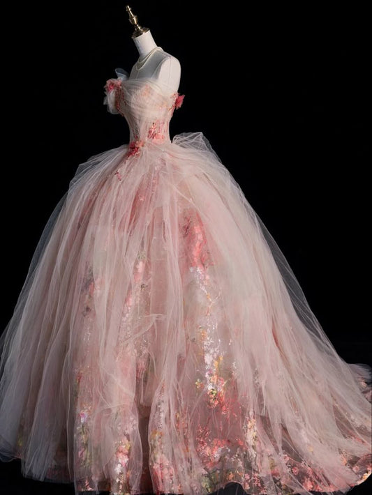 Unique Ball Gown Strapless Pink Flowers Long Quinceanera Dresses Sweet 16 Dress Formal Vestido De 15 Anos W0305