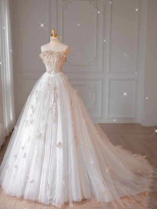 Rustic Wedding Dress Ball Gown Strapless White Lace Tulle Long Wedding Dresses Bridal Gowns W0306