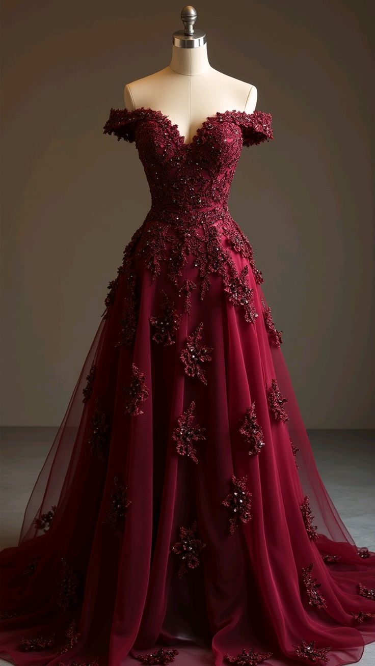 Pretty Ball Gown Off The Shoulder Burgundy Tulle Long Quinceanera Dress Formal Flowers Vestido De 15 Anos Sweet 16 Dress W0308