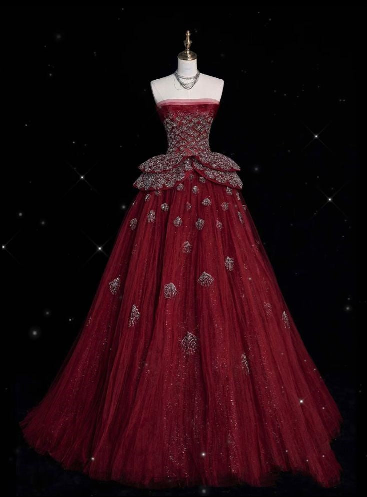 Pretty Ball Gown Strapless Burgundy Tulle Long Quinceanera Dress Formal Gowns Vestido De 15 Anos Sweet 16 Dress W0310