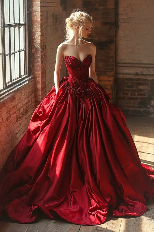 Pretty Ball Gown Sweetheart Burgundy Satin Long Quinceanera Dress Formal Gowns Vestido De 15 Anos Sweet 16 Dress W0312