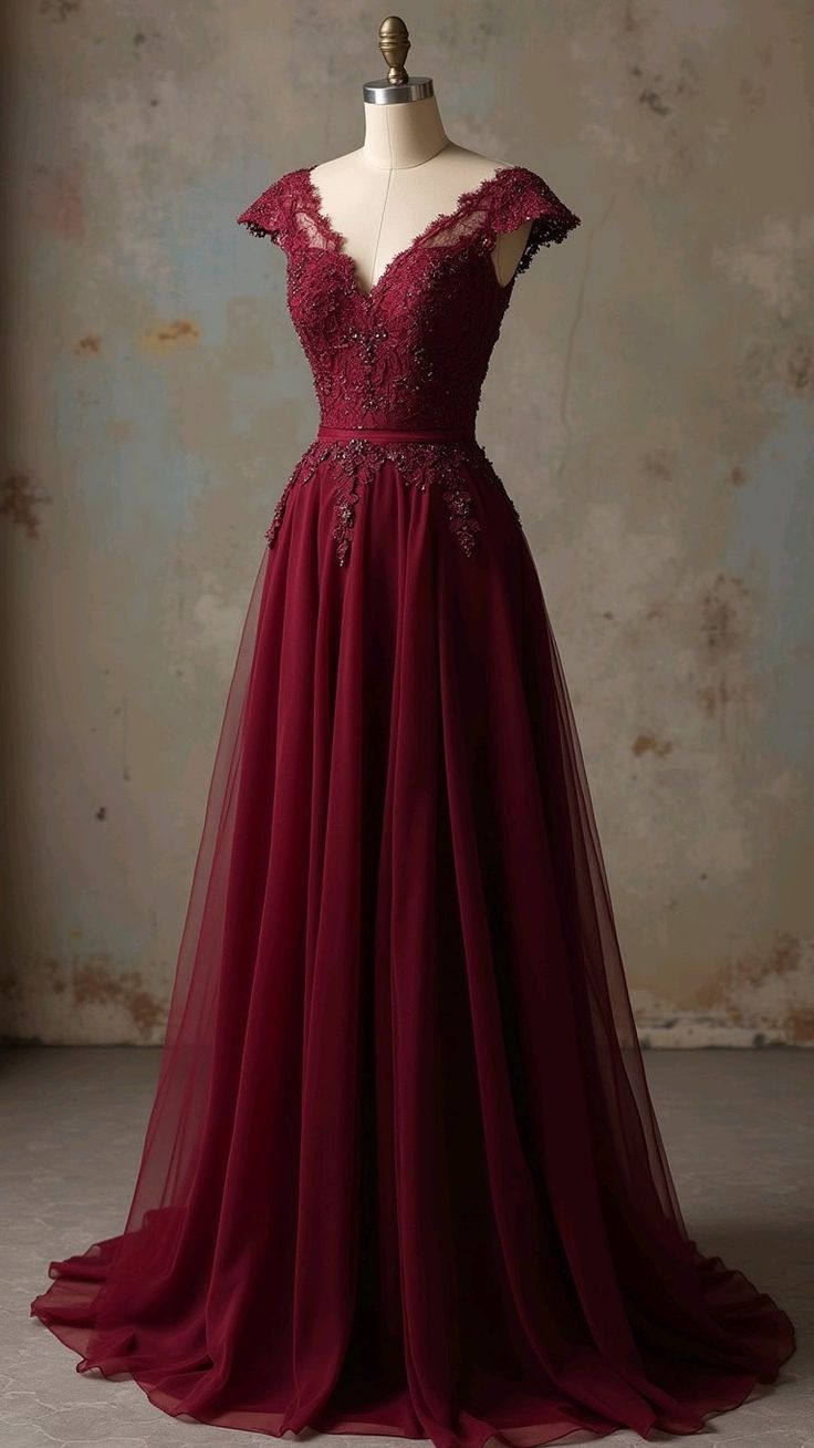 Vintage A line V Neck Wine Red Lace Long Prom Dresses Party Dress Graduation Dresses W0315