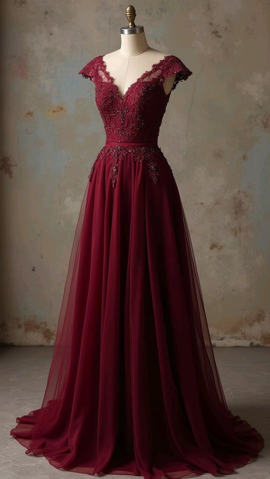Vintage A line V Neck Wine Red Lace Long Prom Dresses Party Dress Graduation Dresses W0315