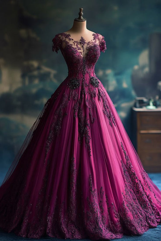 Pretty Ball Gown Grape Tulle Long Quinceanera Dress Formal Gown Vestido De 15 Anos Sweet 16 Dress W0318