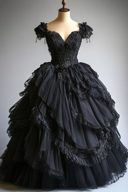 Pretty Ball Gown Sweetheart Black Tulle Long Quinceanera Dress Formal Gowns Vestido De 15 Anos Sweet 16 Dress W0325