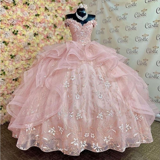 Pretty Ball Gown Off The Shoulder Pink Tulle Long Quinceanera Dress Formal Gowns Vestido De 15 Anos Sweet 16 Dress W0328