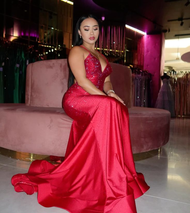 Modest Mermaid Spaghetti Straps Red Satin Formal Gown 20th Birthday Dress Prom Dresses 18th Birthday Outfits W0345