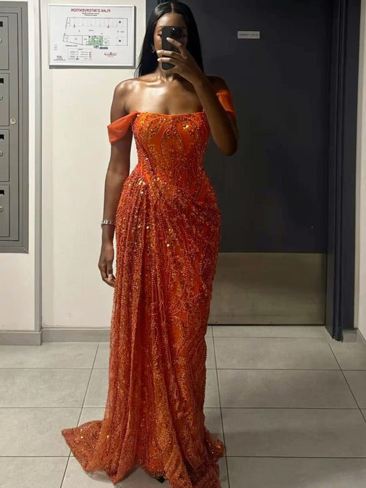 Classy A line Off The Shoulder Sequin Long Prom Dresses Formal Gown Summer Wedding Guest Dresses Wedding Guest Outfit W0355