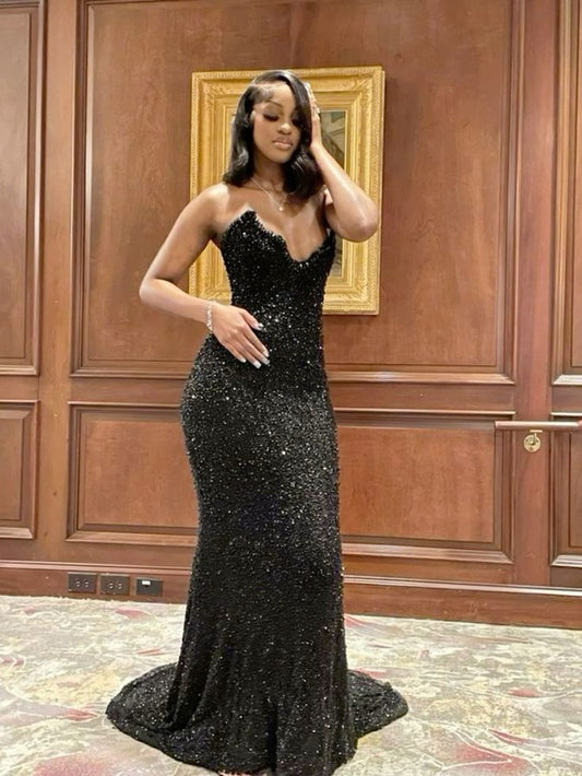 Sexy Mermaid Sweetheart Black Formal Gown 23rd Birthday Dress Prom Dresses Black Girl 20th Birthday Outfits W0370