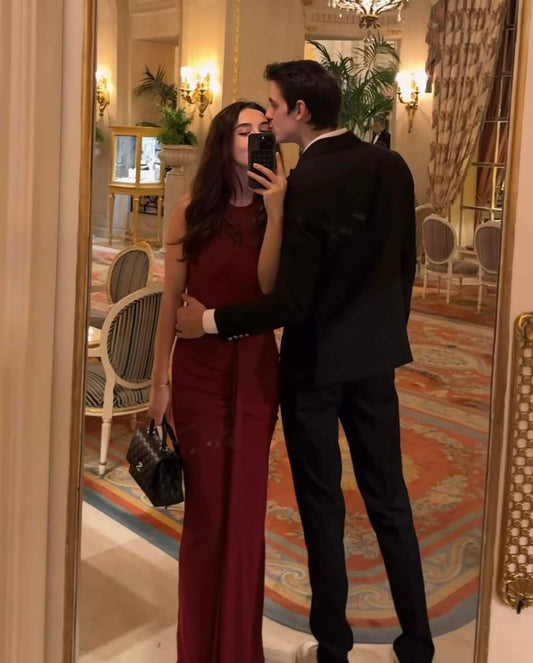 Classy Sheath Round Neck Burgundy Long Prom Dresses Formal Gown Summer Wedding Guest Dresses Wedding Guest Outfit W0372