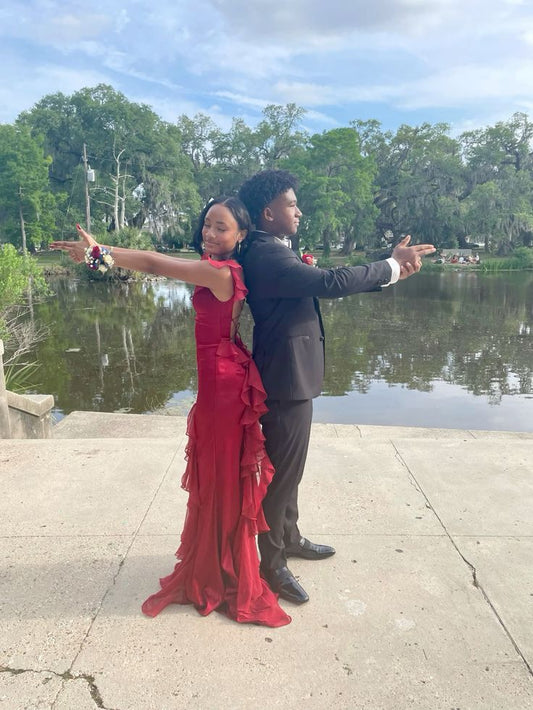 Classy Sheath Red Chiffon Ruffles Long Prom Dresses Formal Gown Summer Wedding Guest Dresses Wedding Guest Outfit W0379