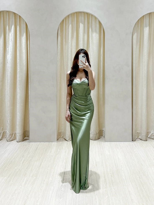 Classy Mermaid Sweetheart Green Satin Long Prom Dresses Formal Gown Summer Wedding Guest Dress Wedding Outfits For Guest  W0380