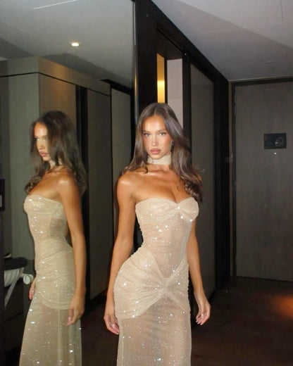 Classy Mermaid Sweetheart Champagne Sequin Long Prom Dresses Formal Gown Summer Wedding Guest Dress Wedding Guest Attire W0386