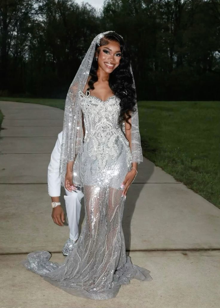 Vintage Mermaid Sweetheart Silver Sequin Beads Long Prom Dresses Party Dress Black Girl Outfits Graduation Dresses W0387