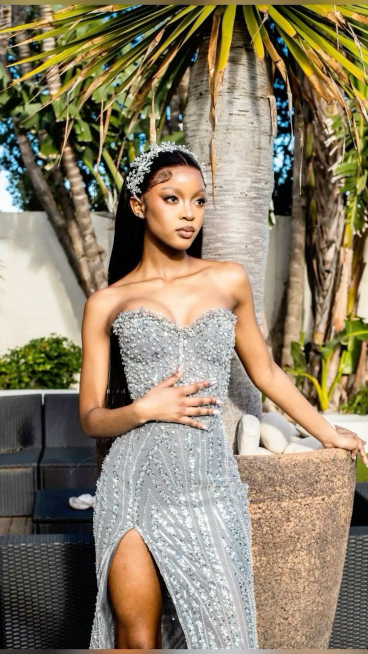 Vintage Mermaid Sweetheart Silver Sequin Beads Long Split Prom Dresses Party Dress Black Girl Outfits Graduation Dresses W0389