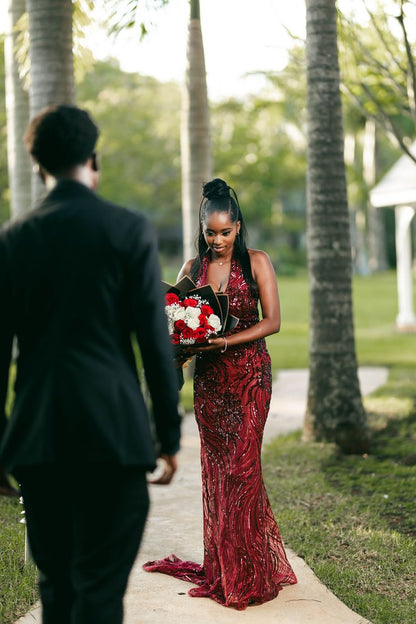 Classy Mermaid Halter Burgundy Sequin Beads Long Prom Dresses Party Dress Black Girl Outfits Graduation Dresses W0392