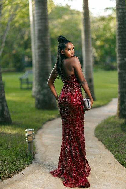 Classy Mermaid Halter Burgundy Sequin Beads Long Prom Dresses Party Dress Black Girl Outfits Graduation Dresses W0392