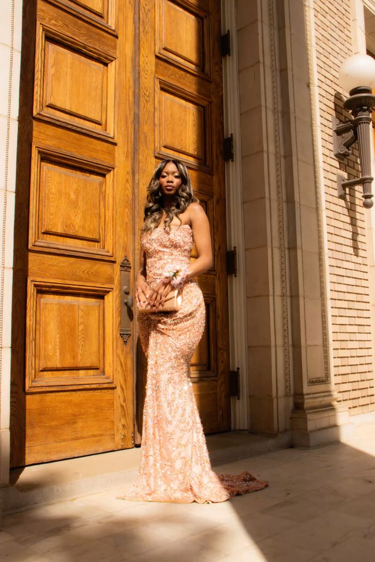 Classy Mermaid Strapless Pink Sequin Long Prom Dresses Party Dress Black Girl Outfits Graduation Dresses W0395