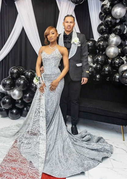 Classy Mermaid Sweetheart Silver Gray Sequin Black Girl Long Prom Dresses Party Dress Birthday Outfits Graduation Dresses W0404