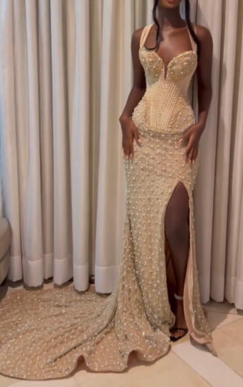 Modest Mermaid Sweetheart Champagne Slit Formal Gown 20th Birthday Dress Prom Dresses Black Girl 18th Birthday Outfits W0410