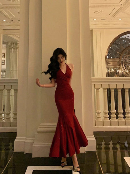 Sexy Mermaid Halter Red Sequin Sleeveless Prom Dresses Party Dress Summer Birthday Outfits 20th Birthday Dresses W818
