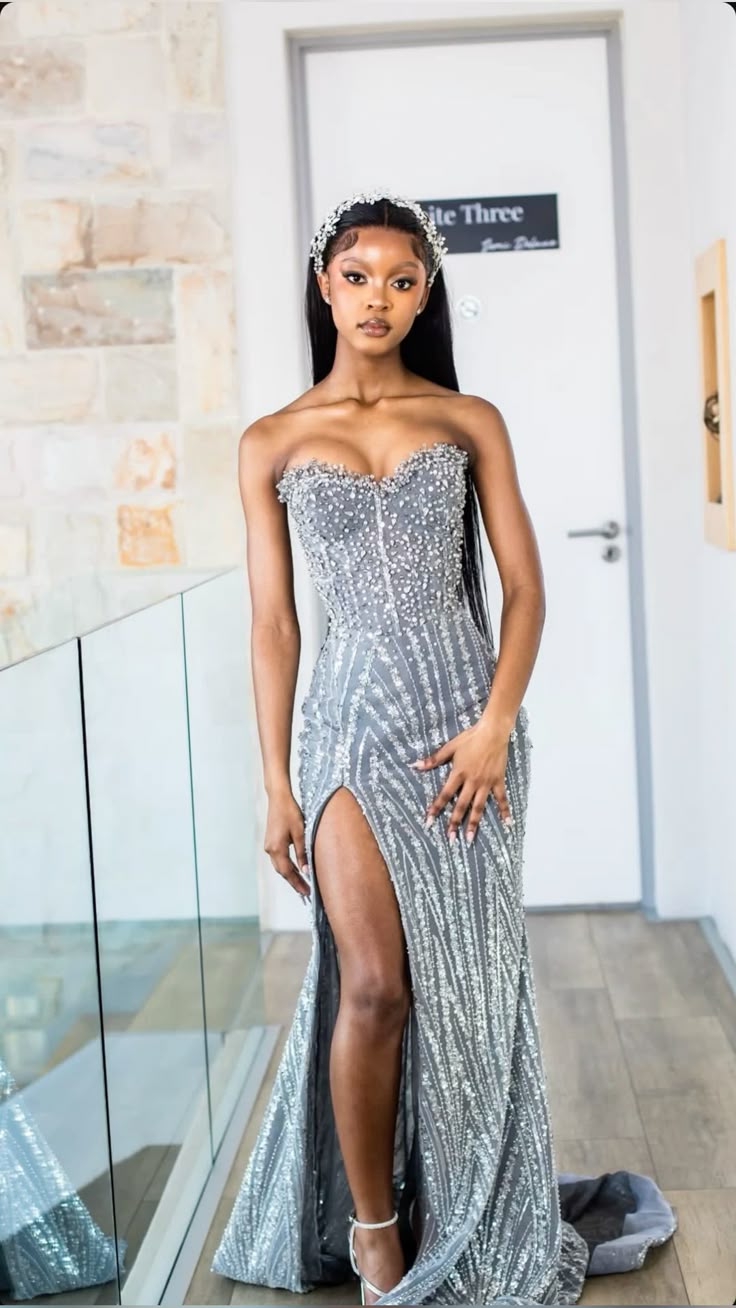 Modest Mermaid Sweetheart Gray Slit Formal Gown 20th Birthday Dress Prom Dresses Black Girl 18th Birthday Outfits W0414