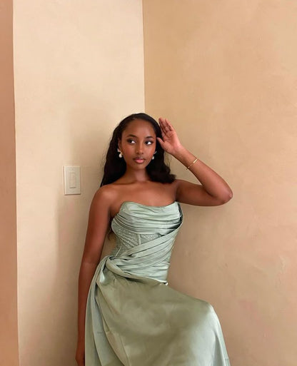 Vintage Mermaid Sweetheart Sage Green Satin Long Prom Dresses Party Dress Black Girl Outfits Graduation Dresses W0416