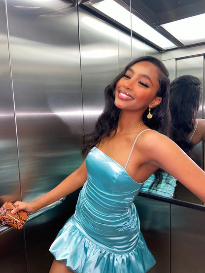 Cute Sheath Spaghetti Straps Blue Satin Short Summer Birthday Dresses Hoco Dress Mini 18th Birthday Outfit Cocktail Dresses W0417