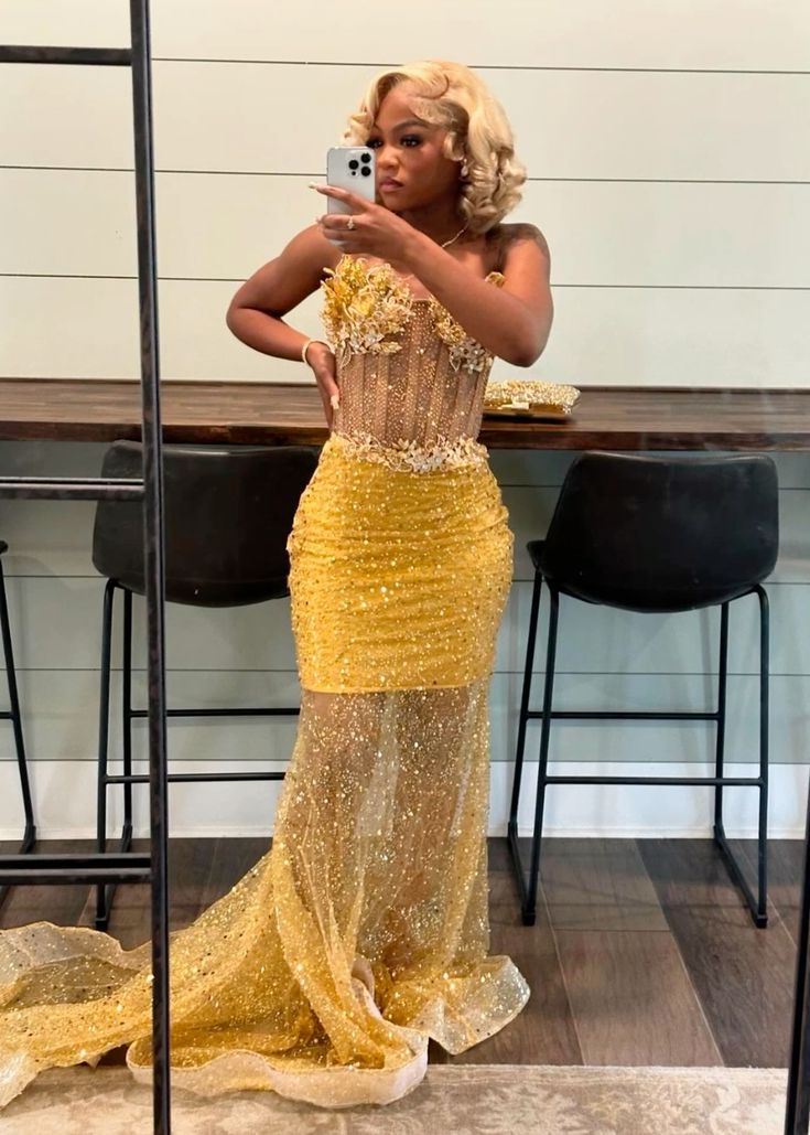 Vintage Mermaid Sweetheart Yellow Sleeveless Long Prom Dresses Party Dress Black Girl Outfits Graduation Dresses W0419