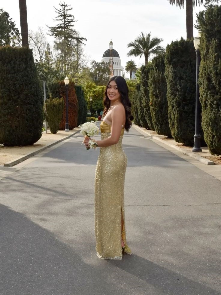 Elegant Glamour Sheath Strapless Sequin Yellow Bridesmaid Dresses Party Gown Summer Birthday Outfits Birthday Dress Ideas For Women W0423