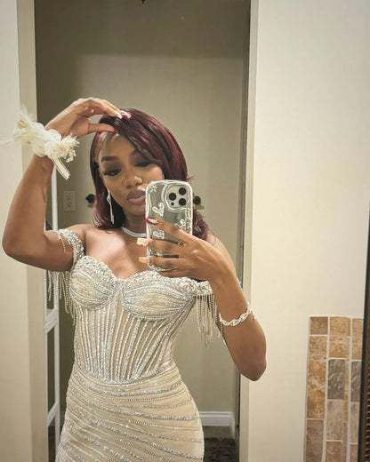 Classy Mermaid Off The Shoulder Champagne Sequin Split Black Girl Long Slit Prom Dresses Party Dress Birthday Outfits Graduation Dresses W0425