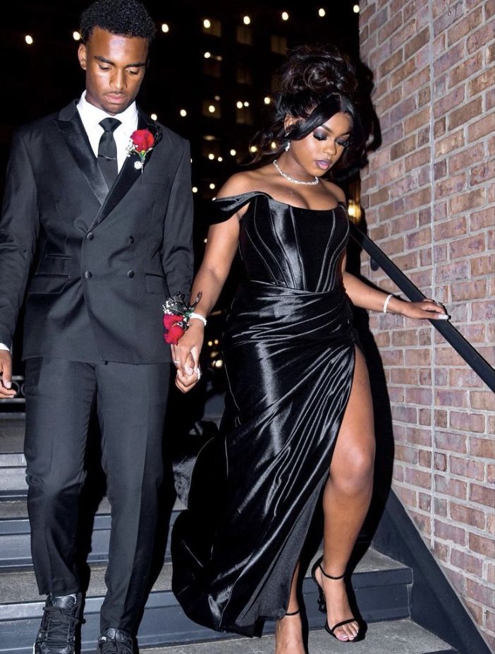 Classy Mermaid Off The Shoulder Black Satin Split Black Girl Long Slit Prom Dresses Party Dress Birthday Outfits Graduation Dresses W0435