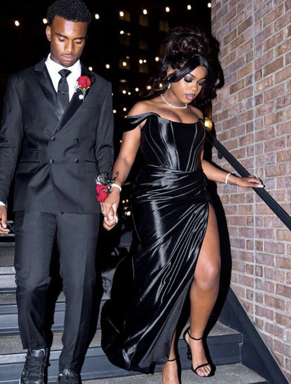 Classy Mermaid Off The Shoulder Black Satin Split Black Girl Long Slit Prom Dresses Party Dress Birthday Outfits Graduation Dresses W0435