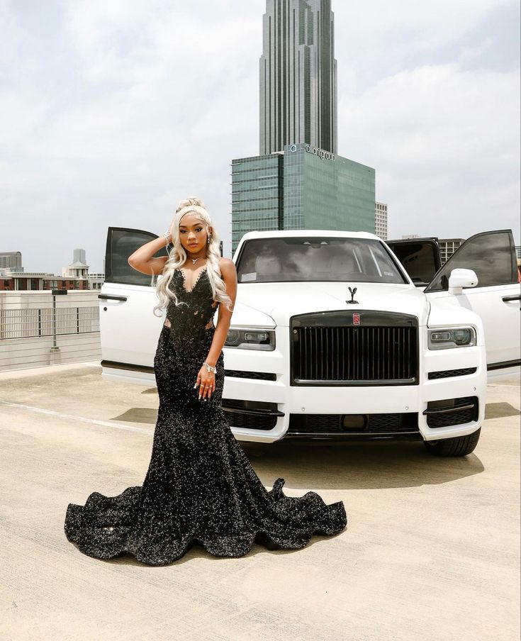 Vintage Mermaid V Neck Black Sequin Sleeveless Long Prom Dresses Party Dress Black Girl Birthday Outfits Graduation Dresses W0442