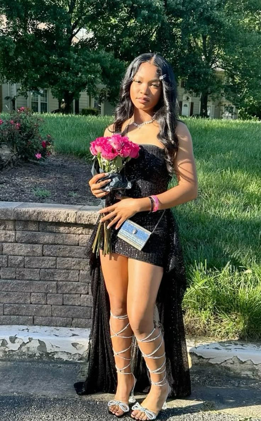 Sexy Sheath Strapless Black Sequin Short Summer Birthday Dresses Hoco Dress Mini 18th Birthday Outfit Cocktail Dresses W0467