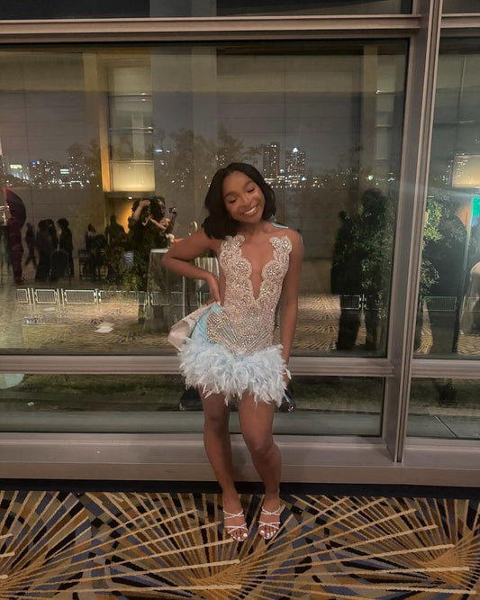 Sexy Sheath Sequin Beads Blue Short Summer Birthday Dresses Hoco Dress Mini 18th Birthday Outfit Cocktail Dresses W0470