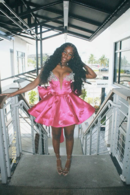 Elegant Ball Gown Strapless Black Girl Summer Birthday Dresses For Teens Pink Hoco Dress Mini 18th Birthday Outfit Cocktail Dresses W0485