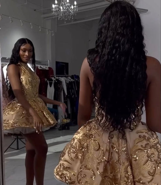 Elegant Ball Gown High Neck Black Girl Summer Birthday Dresses For Teens Gold Sequin Hoco Dress Mini 18th Birthday Outfit Cocktail Dresses W0493