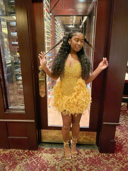 Sexy Sheath Sequin Beads Short Summer Black Girls Gold Feathers Birthday Dresses Hoco Dress Mini 18th Birthday Outfit Cocktail Dresses W0498
