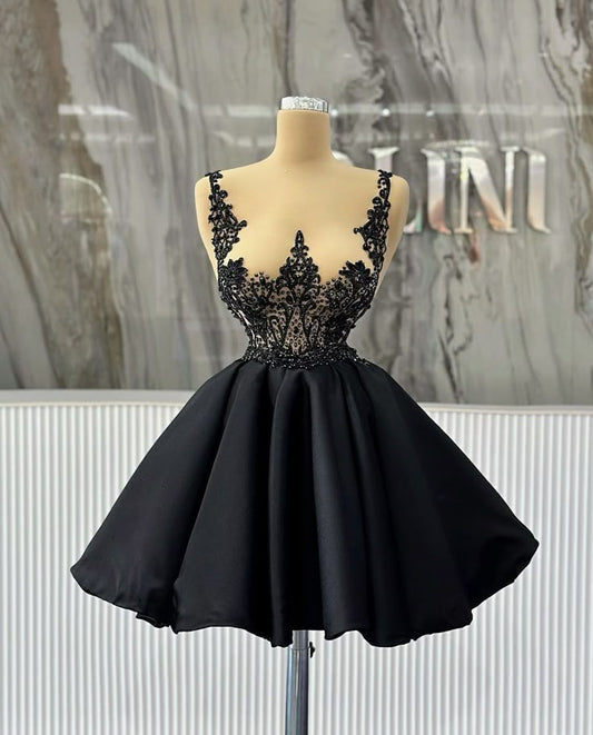 Pretty Ball Gown Black Satin Short Homecoming Dresses Summer Hoco Dresses Cocktail Dress Birthday Outfits W0571
