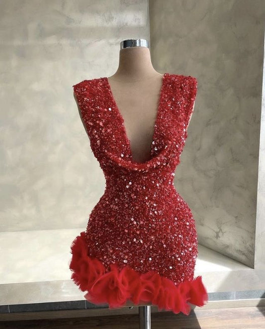 Cute Sheath V Neck Sequin Red Short Homecoming Dress Summer Middle School Formal Hoco Dresses Cocktail Dress Birthday Outfit W0579