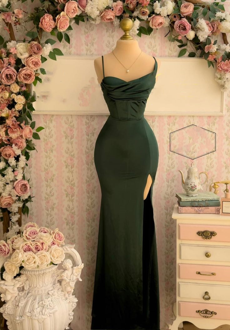 Classy Mermaid Spaghetti Straps Dark Green Satin High Slit Long Prom Dresses Party Dress Birthday Outfits Graduation Dresses W0590
