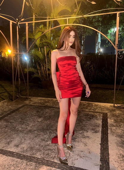 Cute Sheath Strapless Red Satin Short Homecoming Dress Summer Middle School Formal Hoco Dresses Cocktail Dress Birthday Outfits W0614