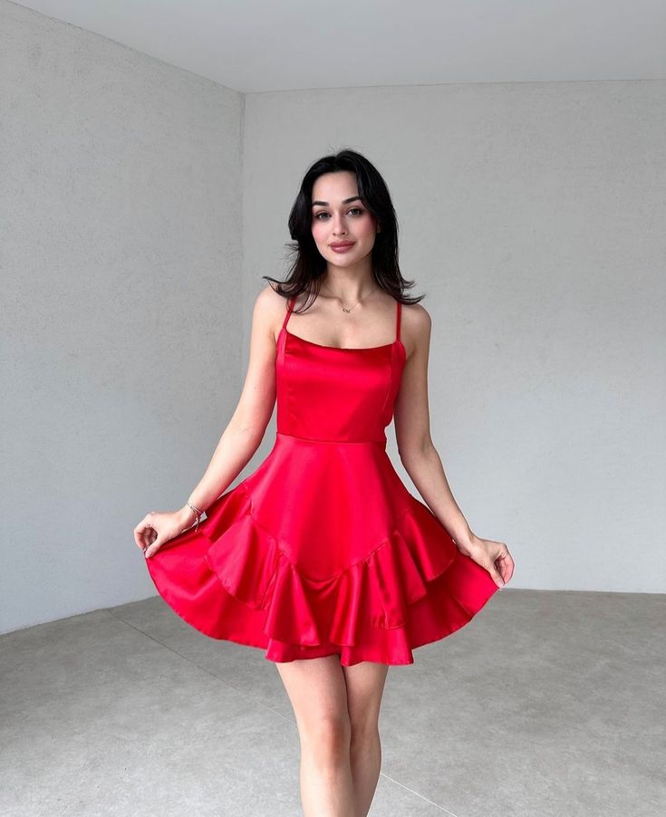 Trendy A line Spaghetti Straps Red Sleeveless Formal Short 8th Grade Homecoming Dress Summer Middle School Hoco Dresses Cocktail Dress Birthday Outfits W0620