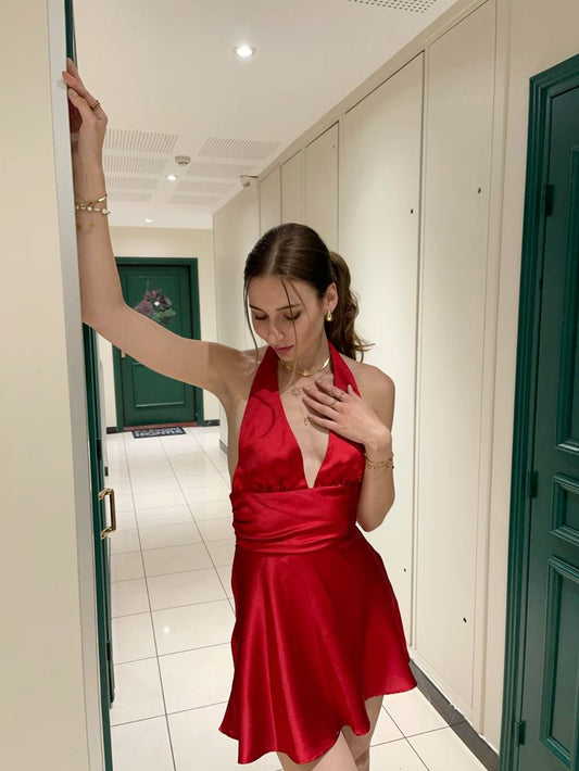 Cute A line V Neck Red Short Backless Homecoming Dress Summer Middle School Formal Hoco Dresses Cocktail Dress Birthday Outfits W0627