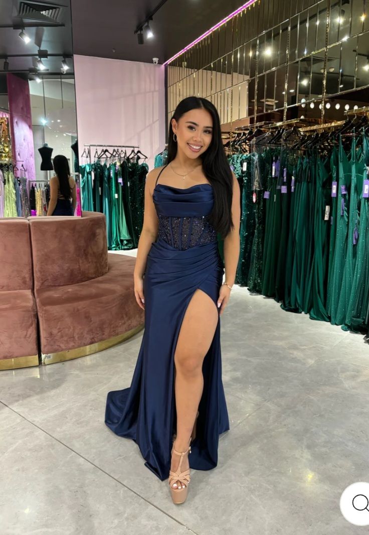 Classy Mermaid Halter Navy Blue Slit Long Prom Dresses Formal Gown Summer Wedding Guest Dress Wedding Outfits For Guest W0654